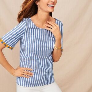 Talbots Blue & White Pacific Stripe Yellow Fringe Short Sleeve Cotton Blouse Top